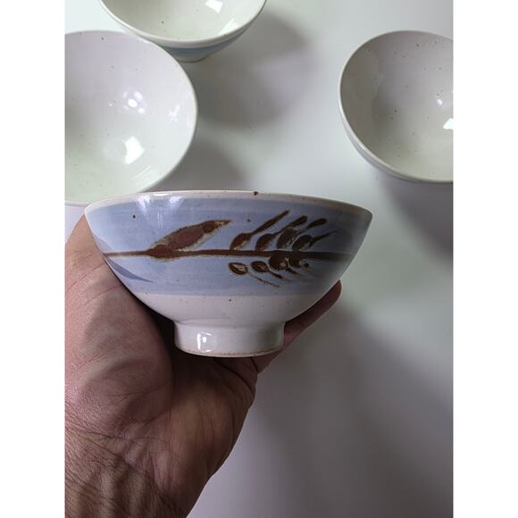 JAPANESE Blue Brown Hand Painted Glazed Rice Bowls Set of 4 - Picture 9 of 10